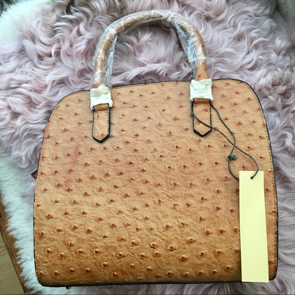 Ostrich embossed vegan leather satchel w/s…